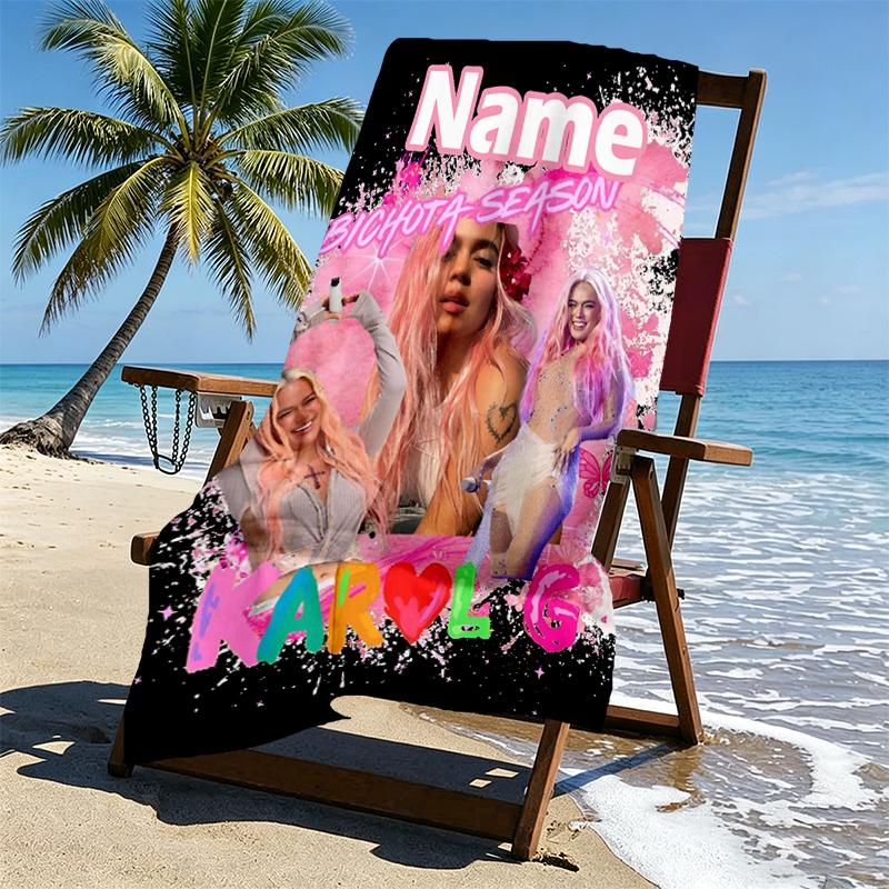 Custom Name Personalized Karol G Print Beach Towel, for Trip Camping Beach Party Home Decor, Birthday Gift for Family & Friends