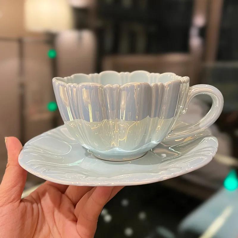 

Креативная и простая перламутровая кофейная кружка с блюдцем, керамический подарочный чайный сервиз, роскошная европейская шикарная подарочная чашка, красивые чайные кружки, бар 240ML