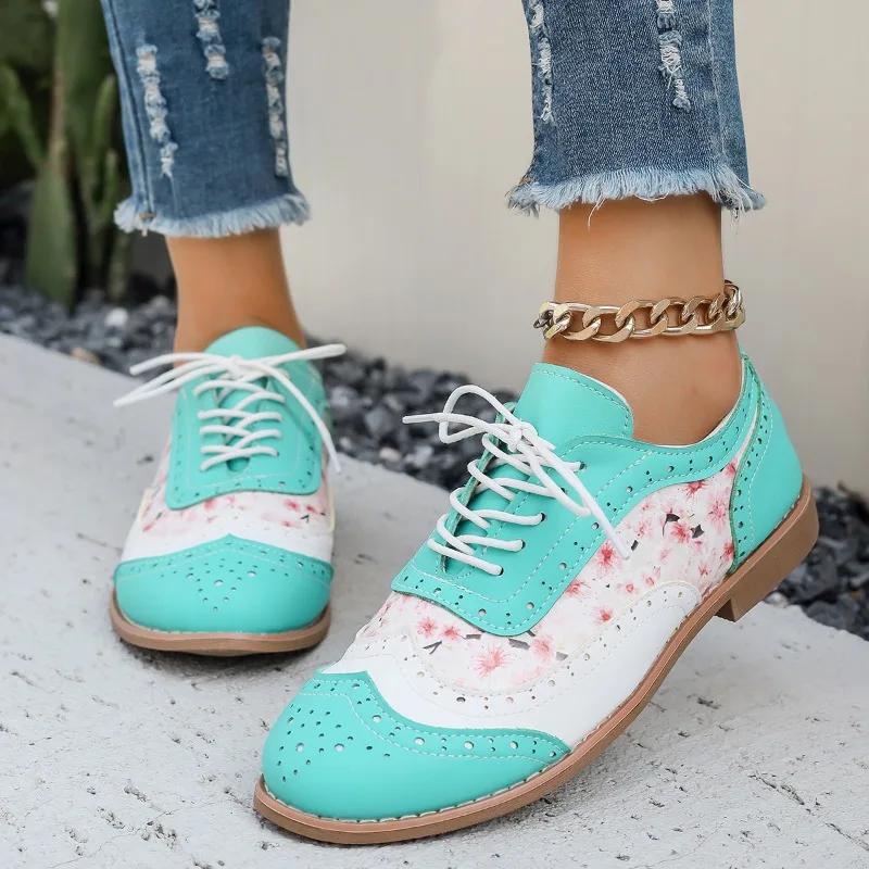 Fashion Shoes Female Hot Sale Lace Up Women's Pumps Autumn Round Toe Mixed Colors Outdoor Casual Low Heel Large Size Office Ladies Shoes