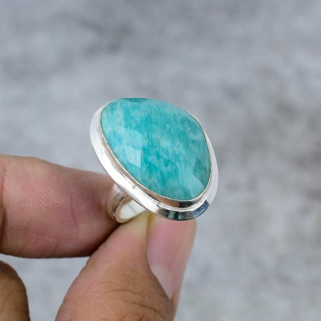 Amazonite Gemstone Handmade 925 Sterling Silver Jewelry Ring Size 9.5 M-254