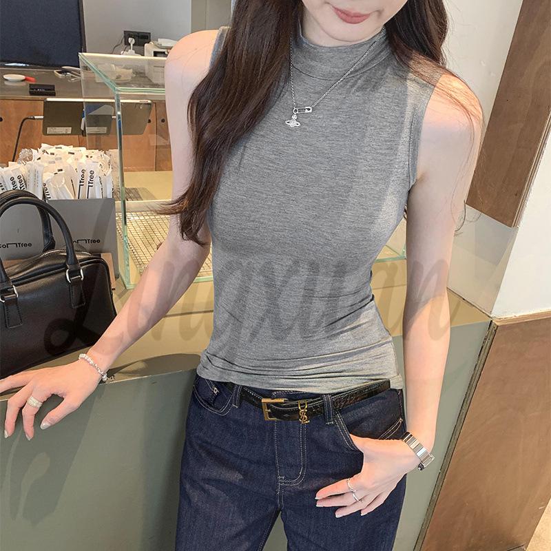 2026 Summer Women s Sleeveless Slim-Fit High Collar Vest - Unique American Design Large серый