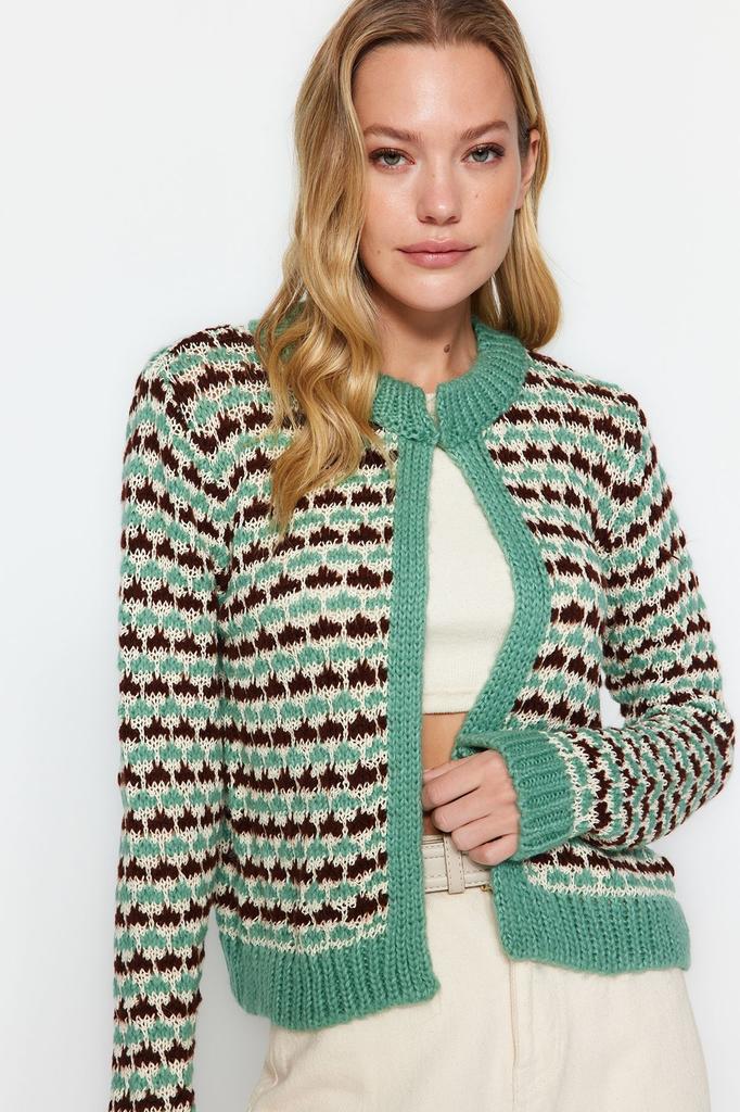 Women's Fashion Stylish Cardigan Mint Agraf Detailed Knitwear Cardigan