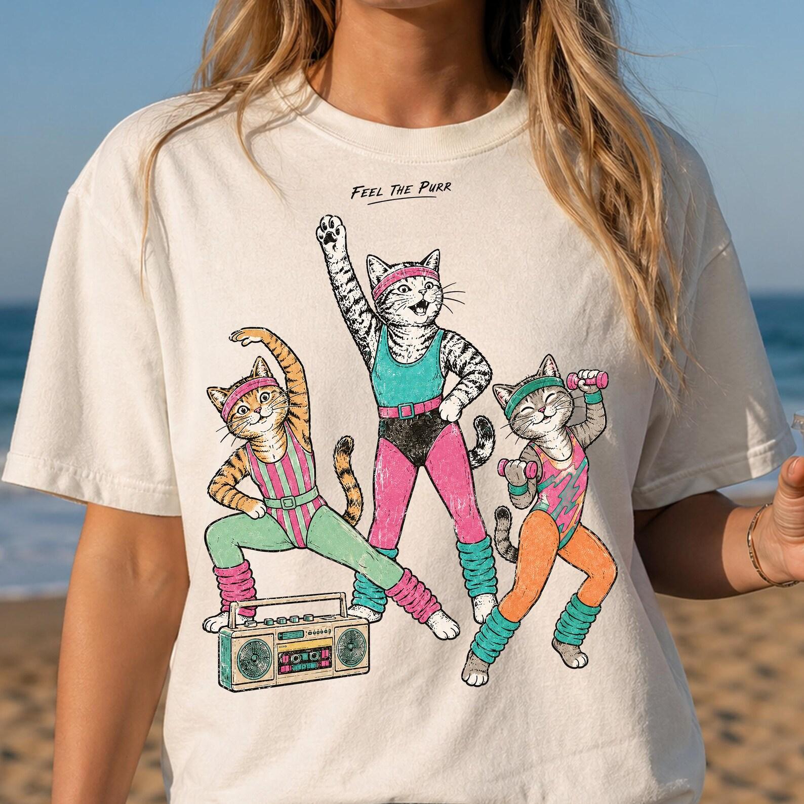 Funny Cat Gym Shirt, Cat Workout T shirt, 80s Aerobics Cat Tee, Feel The Purr Comfort Colors, Cat Lover Gift S