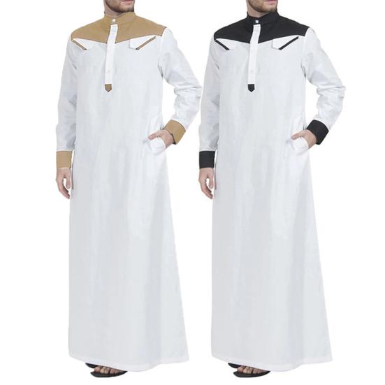Men Mandarin Collar Long Sleeve Robe Contrast Color Buttons Half Placket Pockets Loose Fit Traditional Robe