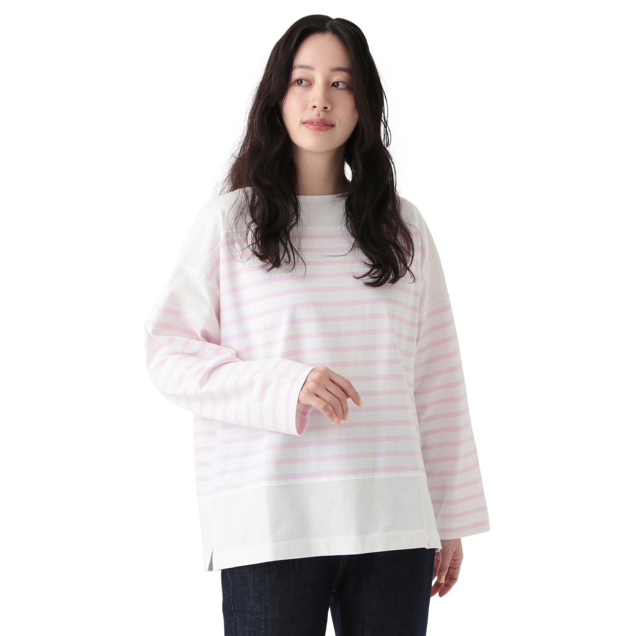 

Afternoon Tea Living T-Shirt JJ29 MON JOURNAL Border Boat Neck Pullover in Light Pink