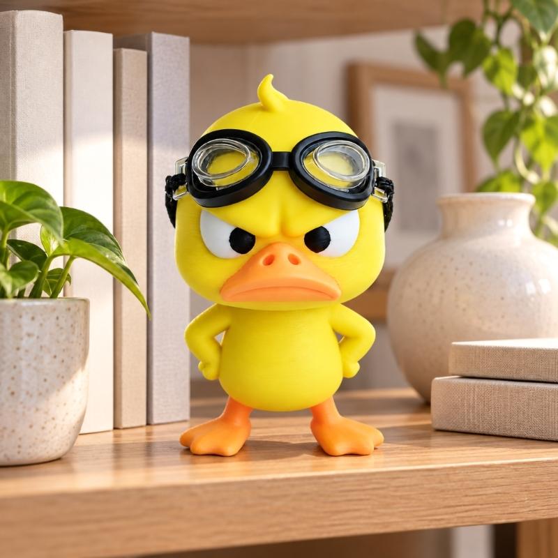 3D-Printed Angry Duck Decors, 2 Plastic Goggles-Wearing Figurines with Frowning Expression for Home or Office Desks, Shelves, and Display Cabinets