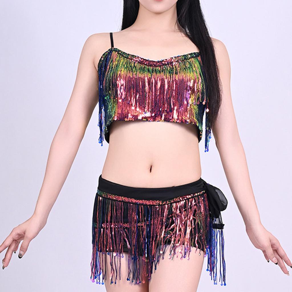 Ladies Belly Dance Waist Chain And Hip Wrap Set With Sequins And Fringe - Sexy Performance Wear Dance Costume Set
