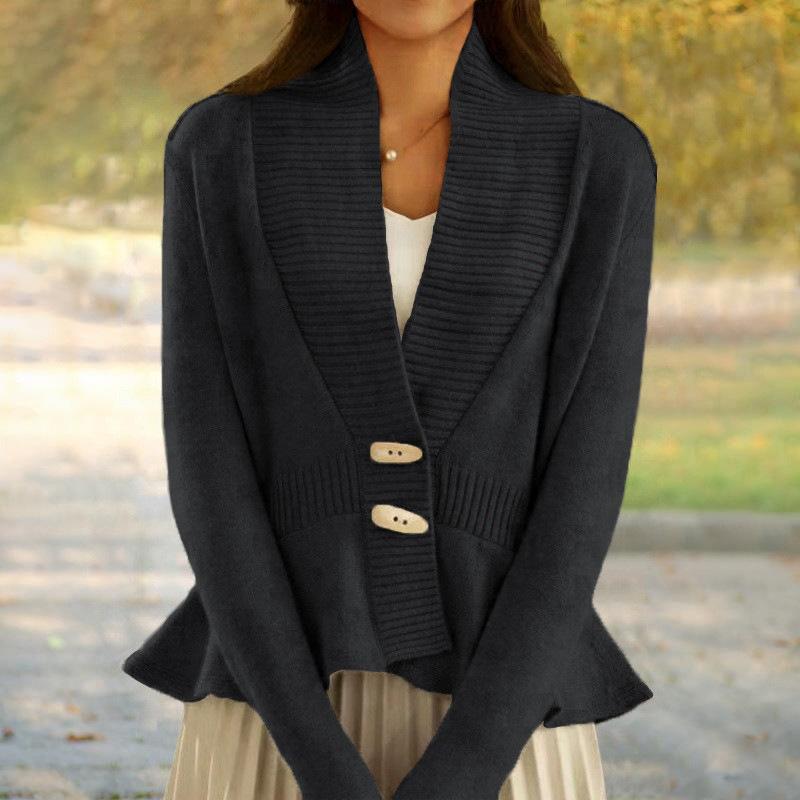 Autumn and Winter New Solid Color Retro Knitted Cardigan Women's V-neck Ruffled Hem Sweater Jacket