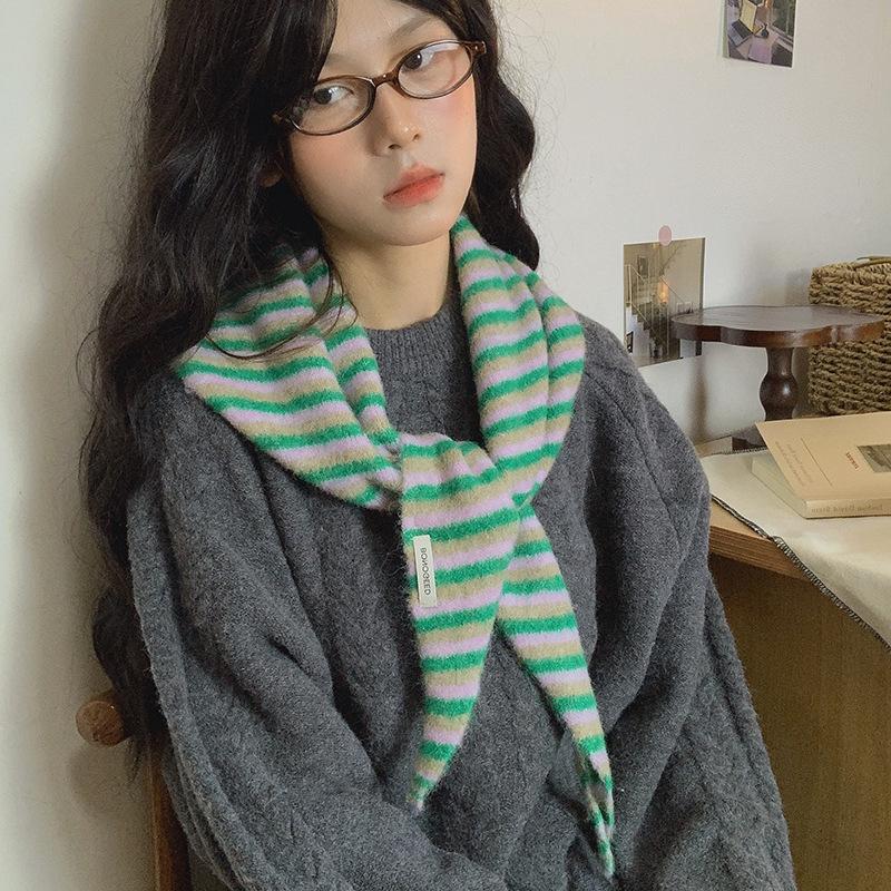 Wool Knitted Triangular Scarf Stripe Multicolor Designer Women Winter Warm Headscarf Shawls Neckerchief Hijab Pashmina Wrap
