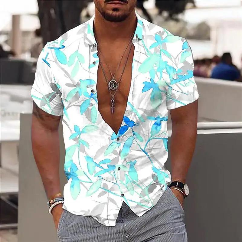 New Men's Maple Leaf Print Hawaiian Shirts V-neck Shirts Short Sleeve Button-down Tops Street Wear Men's Trend Clothing Summer New