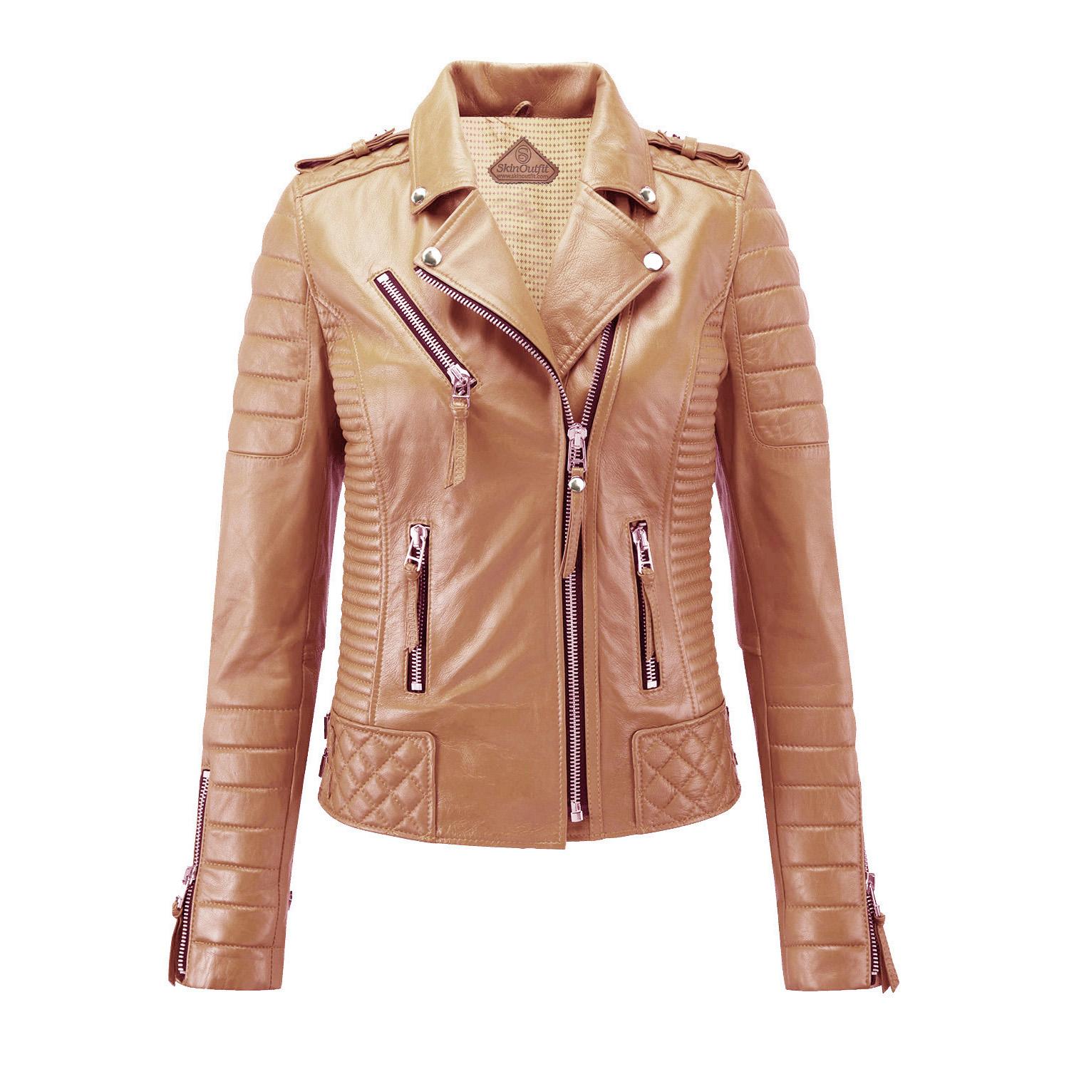 

SKINOUTFIT Women s Motorcycle Leather Jacket Genuine Camel Lambskin Cafe Racer Biker Outerwear XXXL верблюд
