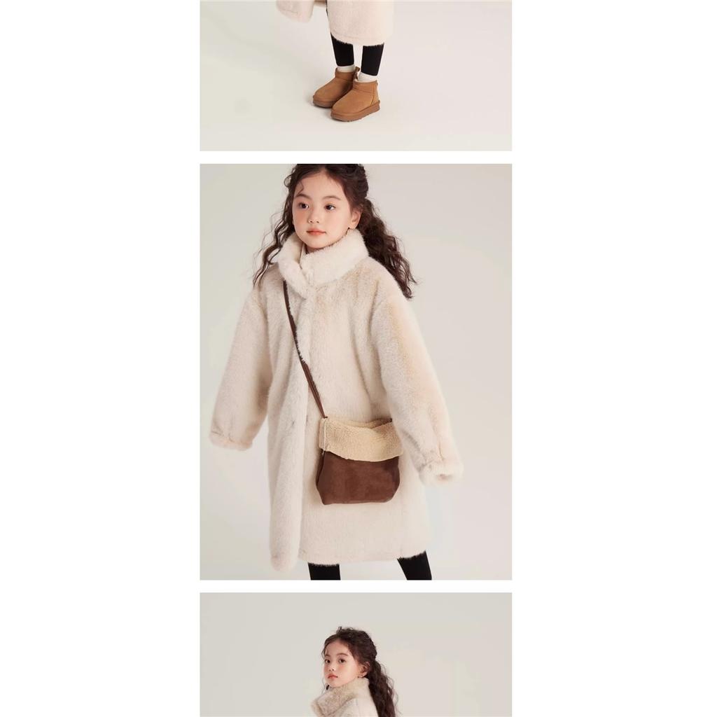 Girls Faux Fur Long Coat Stand Collar Plush Fleece Warm Thick Winter Kids Outerwear Full‑Zip Mid‑Length Fuzzy Overcoat For Little Girl