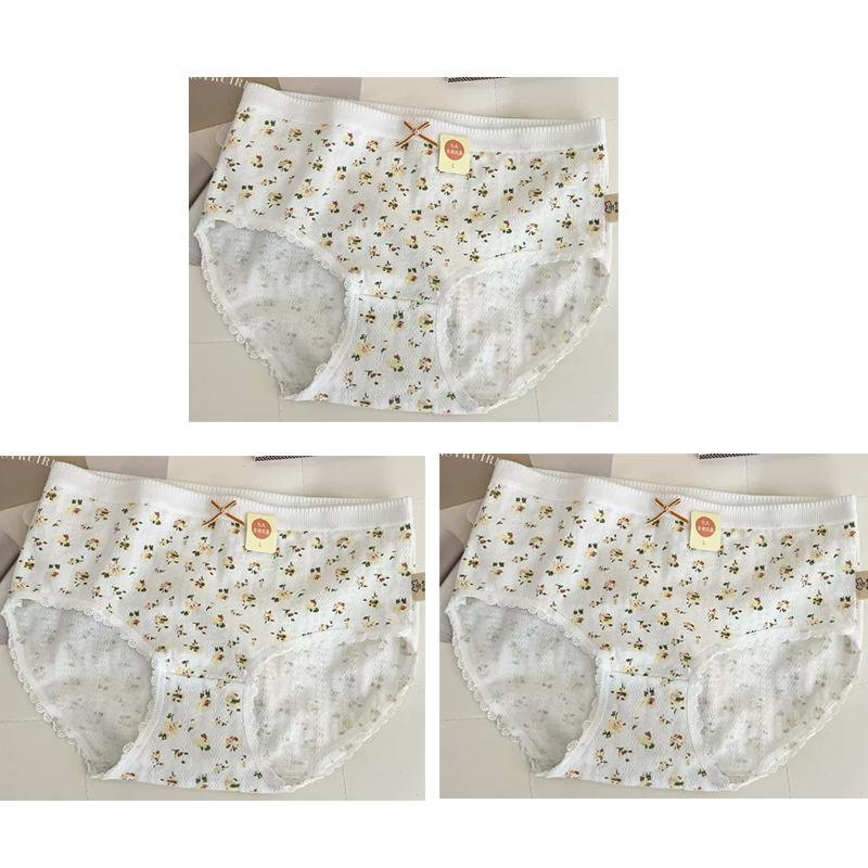 3pcs Cotton Women Flower Printe Panties Adolescent Mid Waist Underwear Girl Fashion Brief Breathable Panty Student Soft Lingerie