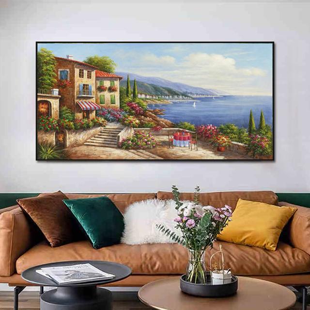 

Абстрактний будинок, сад, річка, дерева, картини на полотні, скандинавські настінні картини, плакати та принти, вітальня, домашній декор без рамки 60cm×120cm NoFrame