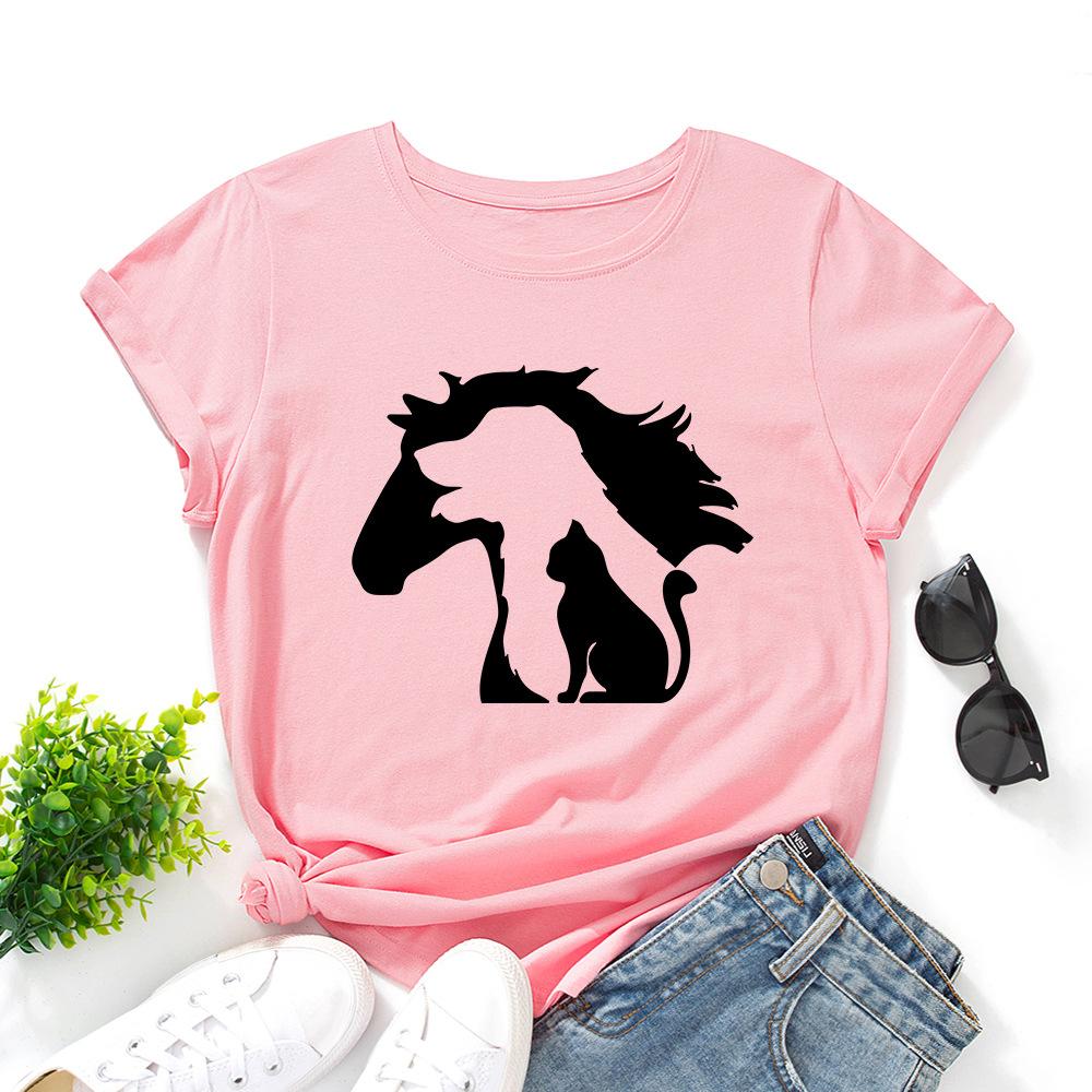 

Horse Pattern Cotton T-Shirt Short Sleeve Round Neck Women 2d Print Tops 3XL