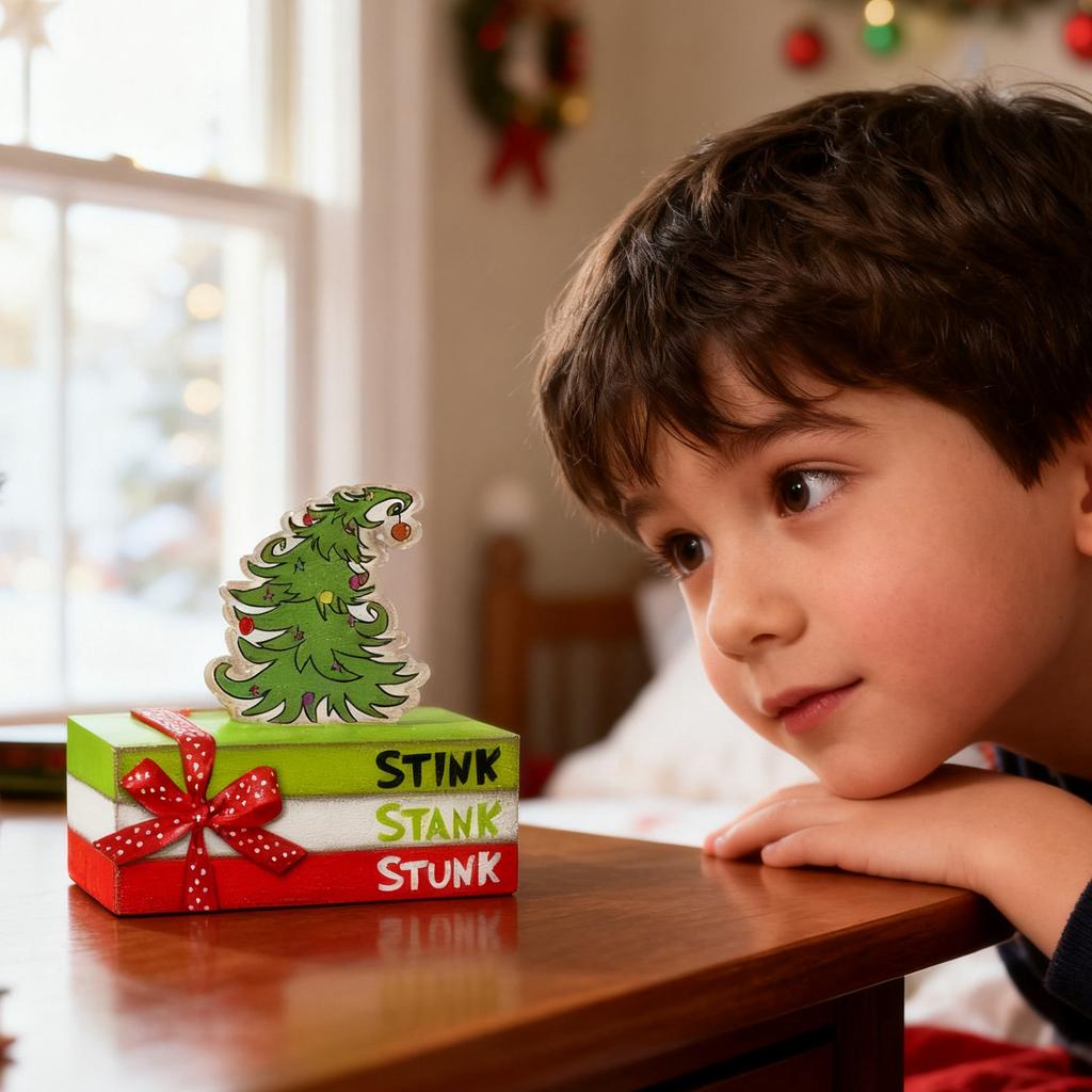 Christmas Decorations Lime Green Red Xmas Tree Tiered Tray Decor Decorative Wooden Stacked Books With Bow Ornament For Christmas Fireplace Mantel