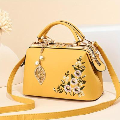 Piccola ed elegante borsa a mano floreale, borsa a mano elegante con ricamo floreale per donna, borsa a tracolla con fodera in poliestere e chiusura a cerniera.