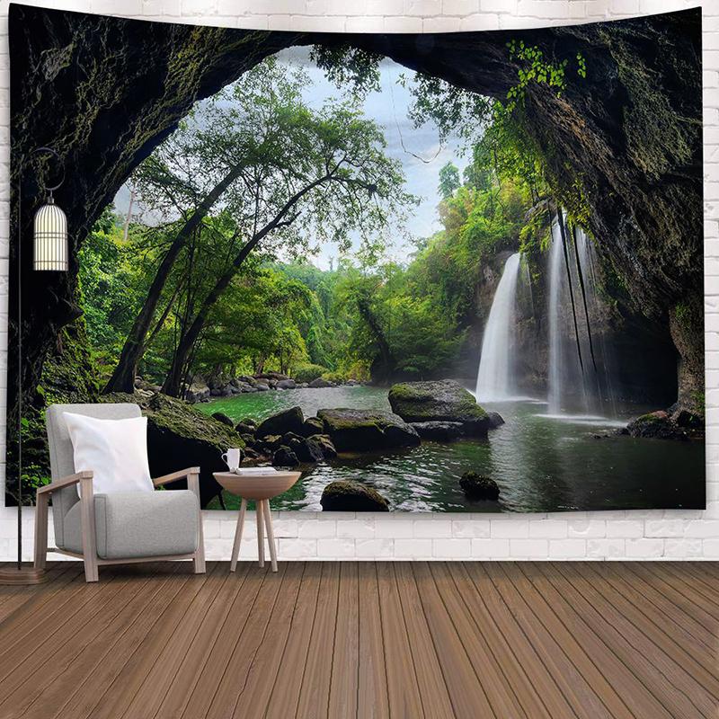 Landscape Forest Waterfall Lotus Cloth Wall Hanging Dawn Ocean Wall Tapestry Beach Tapestry Home Decoration
