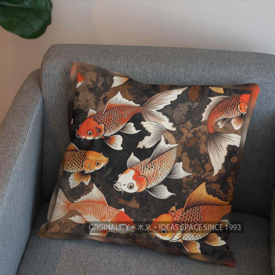 2D Vintage Koi Fish Pattern Decorative Throw Pillow Pattern Cushion Cover Suitable For Sofa Bedroom Car Pillow Cover