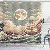 Nautical Shower Curtain, Pastel Ocean Scenery with Waves and Ship In Japanese Ethnic Style, Cloth Fabric Bathroom Decor Set with