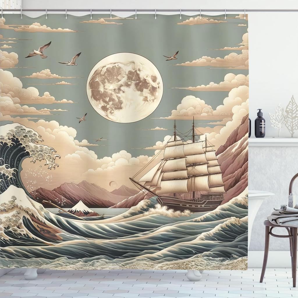 Nautical Shower Curtain, Pastel Ocean Scenery with Waves and Ship In Japanese Ethnic Style, Cloth Fabric Bathroom Decor Set with