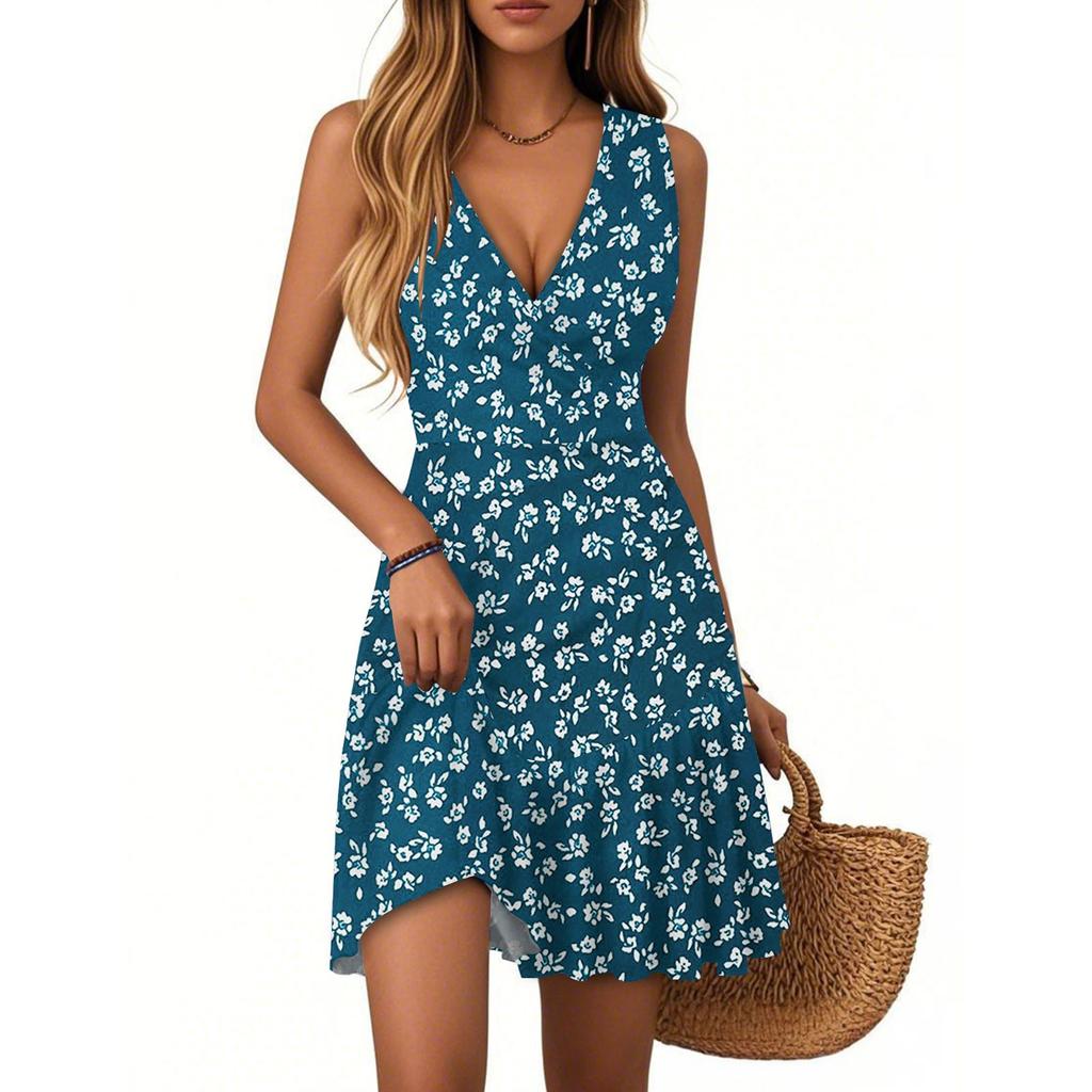 Women's Dress V-neck Sleeveless Casual Floral Print Hem Pleated Dress
