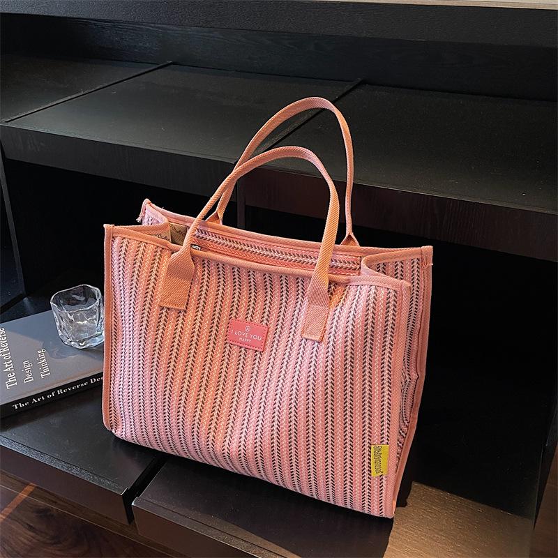 

Женская летняя большая холщовая сумка-тоут 2025 - Повседневная полосатая сумка через плечо для студентов и тех, кто ездит на работу 38cm x 15cm x 29cm розовый