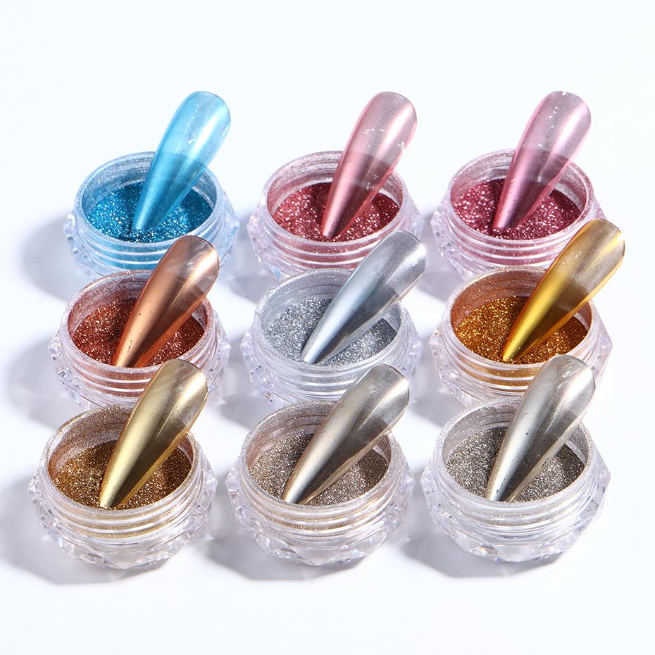 9 Color Metal Nail Mirror Glitter Powder Gel Polish Rub Dust Shiny Gold Silver Fine Chrome Flakes Pigment DIY Accessories Decor