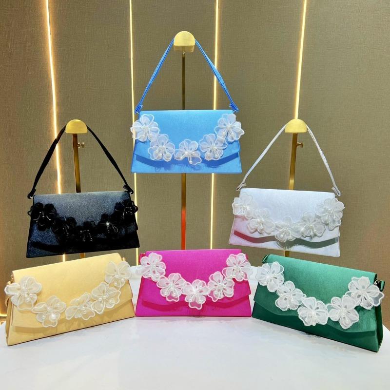 Floral Handbag, Fashionable Crossbody Bag, Pearl Clutch Bag, Simple Banquet and Dinner Bag