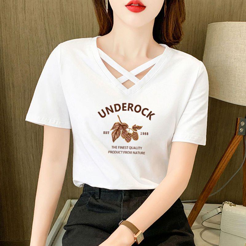 Women's 100% Pure Cotton Crossover V-Neck Short Sleeve T-Shirt - 2024 Korean Casual Summer Fashion Trend