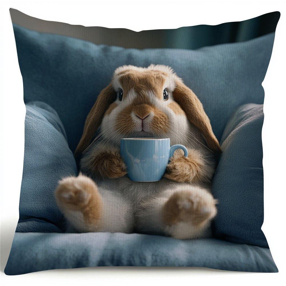 Federa per Cuscino Decorativa Quadrata con Cerniera, con Coniglio che Beve Caffè, Realistica, per Divano di Casa