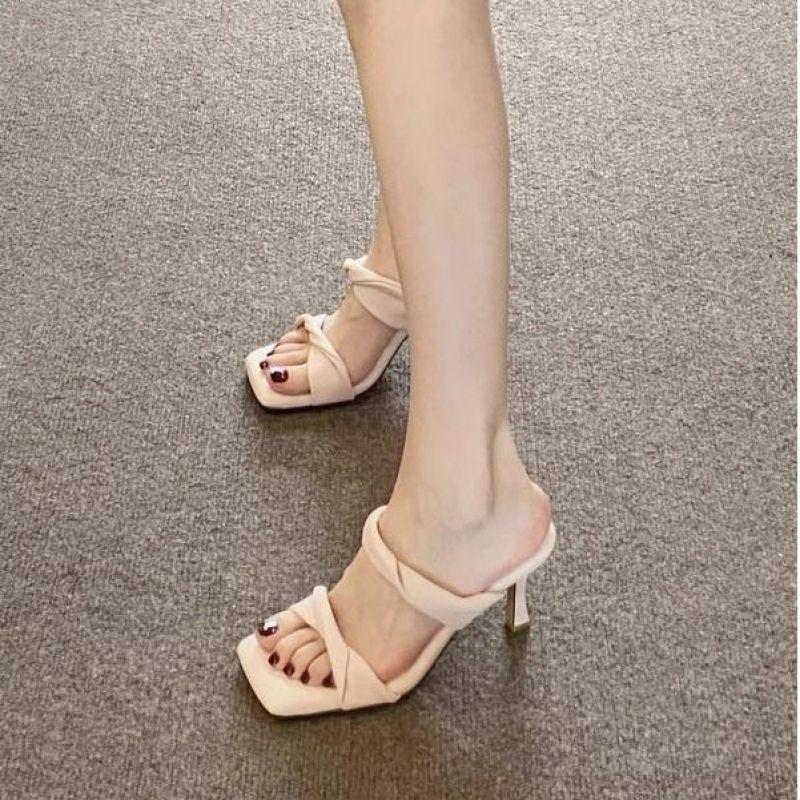 OMG! Beautiful! Stepping On Shit High Heels Sandals 2025 Summer New Square Head Thin Heel with Cool Slippers