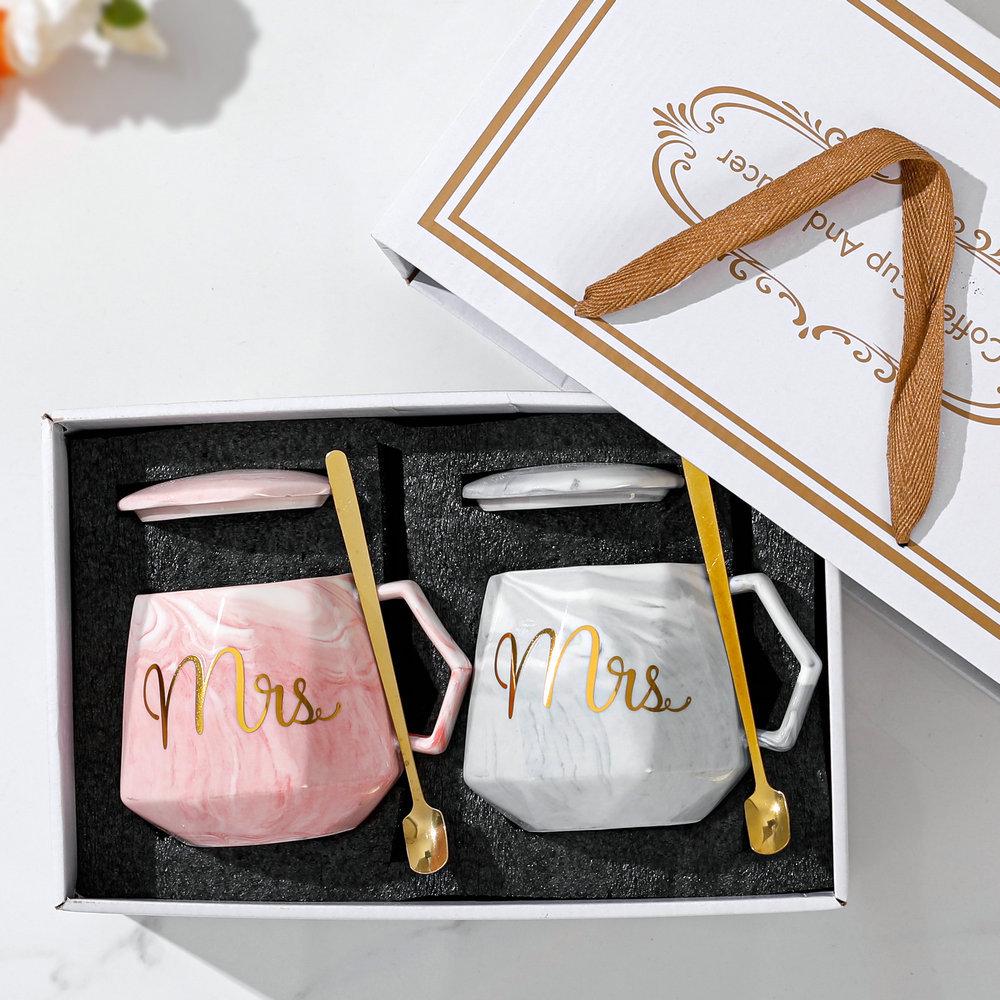 Nordic Ceramic Couple Mug with Lid and Spoon - Stone Pattern Gift Cup for Company Events