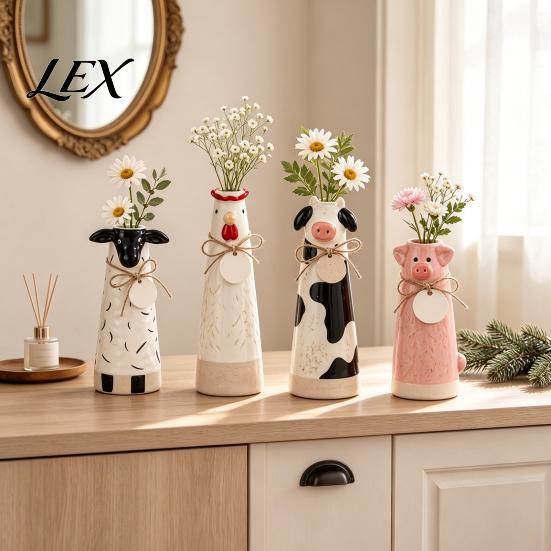 Hand Carved Animal Ornaments Resin Cute Vase, Farmhouse Decorative Flower Holder for Home Healing Pastoral Style Gift Office Decor, Pig/Cow/Sheep