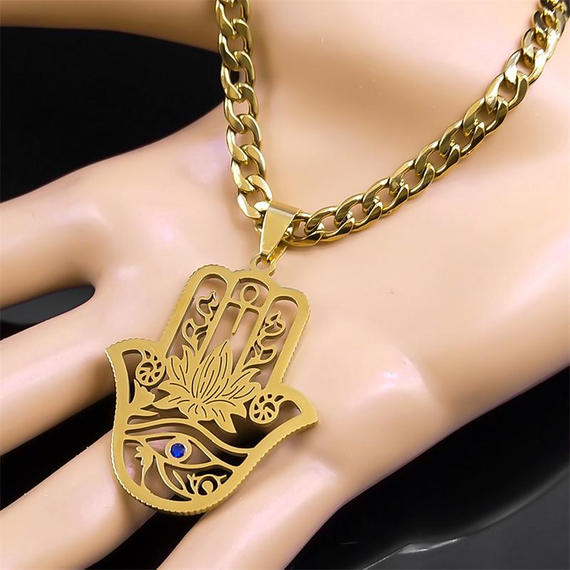 Collier Main Hamsa Lotus pour Hommes Acier Inoxydable Couleur Dorée Œil Maléfique Main de Fatima Cristal Bleu Pendentif Chaîne Bijoux 8075S05