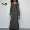 Women Dress U Neck Long Sleeve A Line Slim Fit Skinny Elastic Long Horn Sleeve Back Strap Lace Up Ankle Length Solid Color Maxi Dress