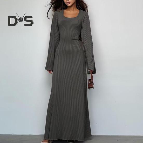 Women Dress U Neck Long Sleeve A Line Slim Fit Skinny Elastic Long Horn Sleeve Back Strap Lace Up Ankle Length Solid Color Maxi Dress
