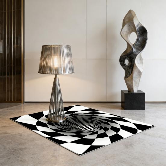 3D Vortex Optical Illusion Rug Vision Vertigo Area Rug Realistic Vortex Black And White Doormat Non-Slip Floor Mat for Living Room Bedroom Entrance