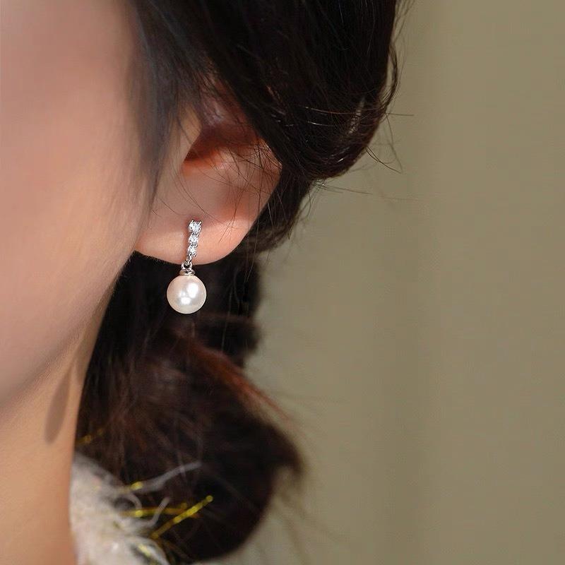 S925 Silver Sparkling Diamond Pearl Drop Earrings Women Elegant Jewelry