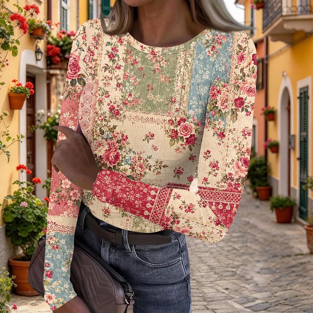 Women's Casual Vintage Floral Print Long Sleeve Top