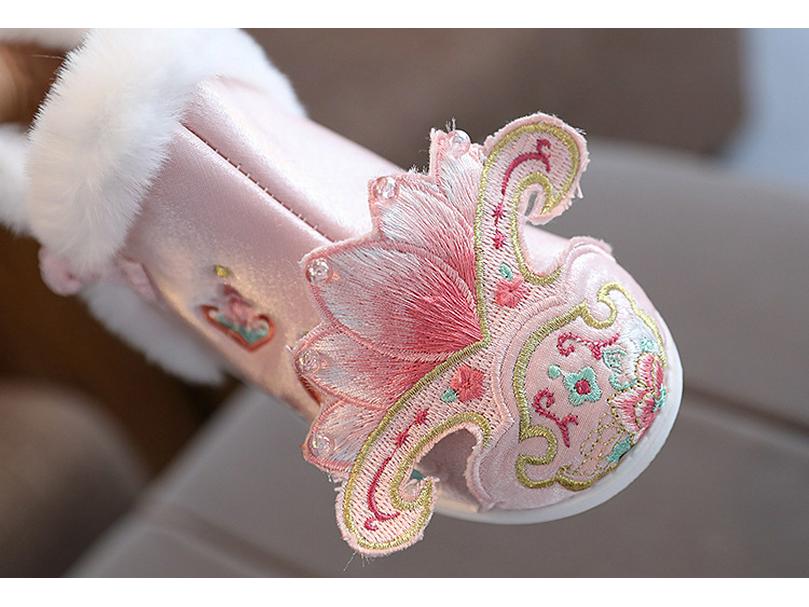 Verdickte warme Samt-Hanfu-Schuhe für Mädchen mit Stickerei - Baumwollstiefel im Prinzessinnenstil für Winter und Neujahr