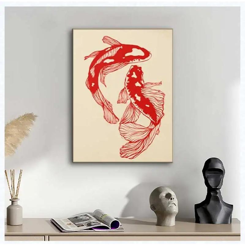 Unframed Vintage Red Koi Fish Posters Canvas Painting Retro 2pcs Aesthetic Wall Art for Home Living Room Office Decor