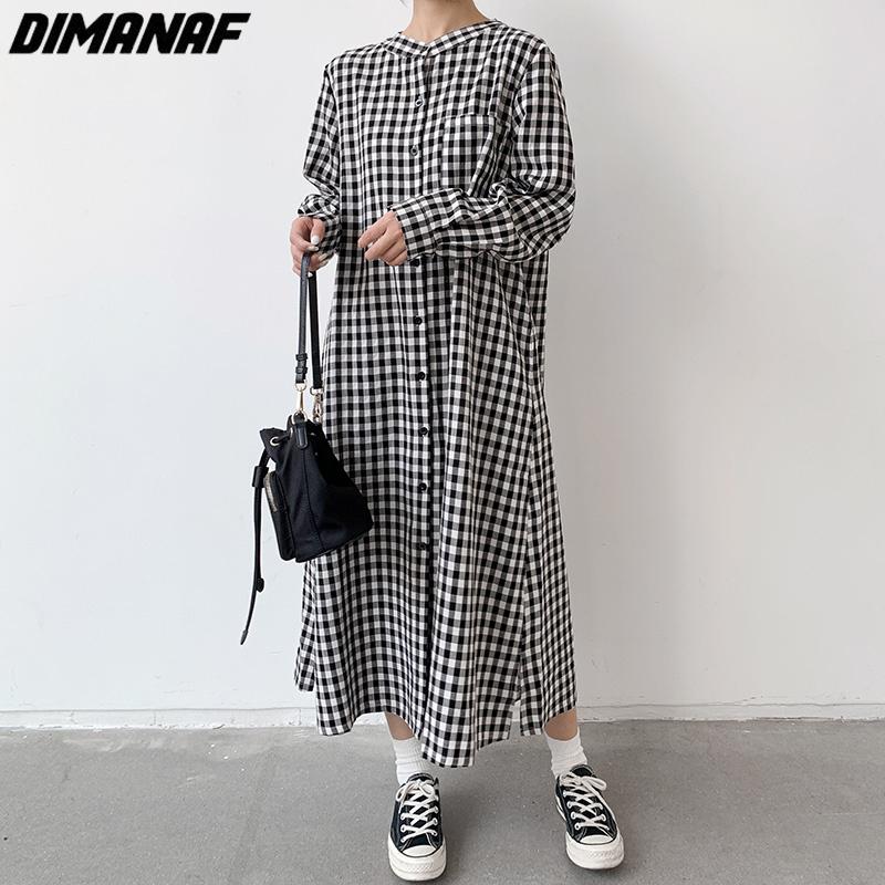 DIMANAF vestido de talla grande para mujer 2023 nuevo estilo de verano estampado a cuadros Maxi de gran tamaño cuello redondo básico suelto vestidos largos
