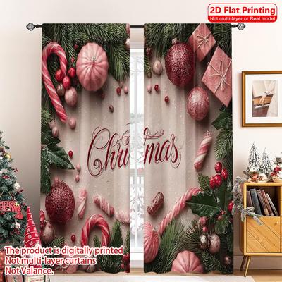 2 Stück 2D Flachdruck Weihnachtsvorhänge Weihnachtszuckerstange Maschinenwaschbarer Stoff Ohne Strom Frühlingsparty & Feiertag