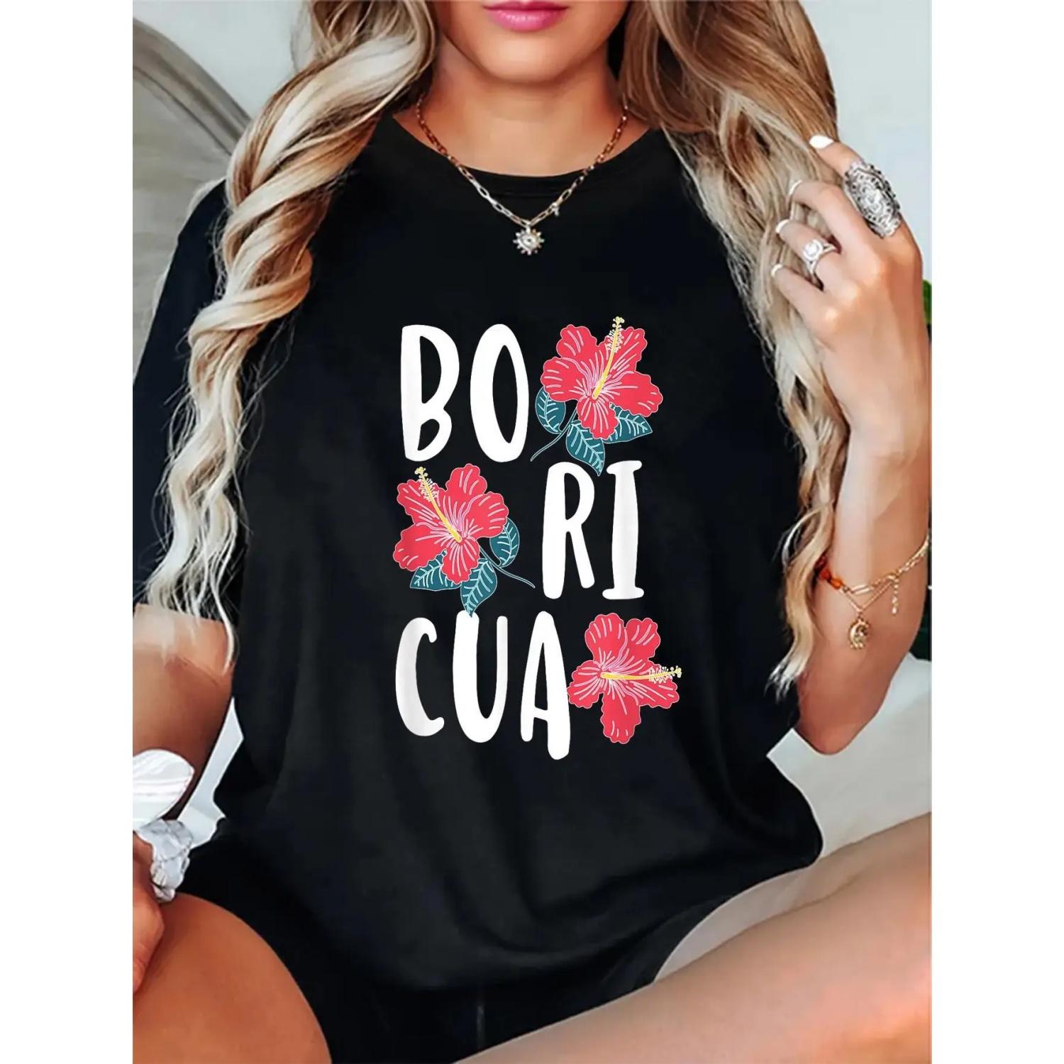 

Short-sleeved T-shirt with flower and letter prints Casual and versatile style Suitable for women s daily and outing wear S чёрный