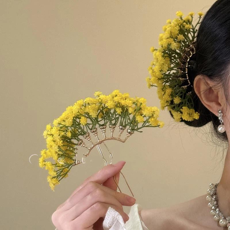 Handmade Floral Fan Hairpin Delicate Colorful Flower Design Anti-Slip Traditional Hair Accessory for Hanfu Travel Photo Shoots
