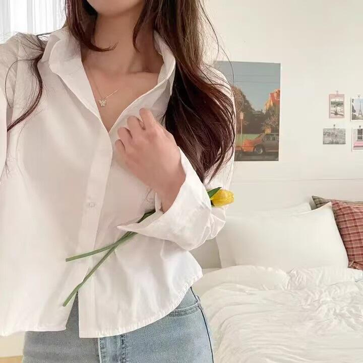 Short Shirt Solid Color Long Sleeved Base Shirt Bottom Shirt Top for Women