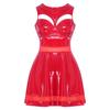 Mini Vestito da Club Lucido in Ecopelle PU da Donna Senza Schiena Davanti Svuotato Reggiseno Push-up Inserti in Rete Orlo Pieghettato per Bar Serate Fuori