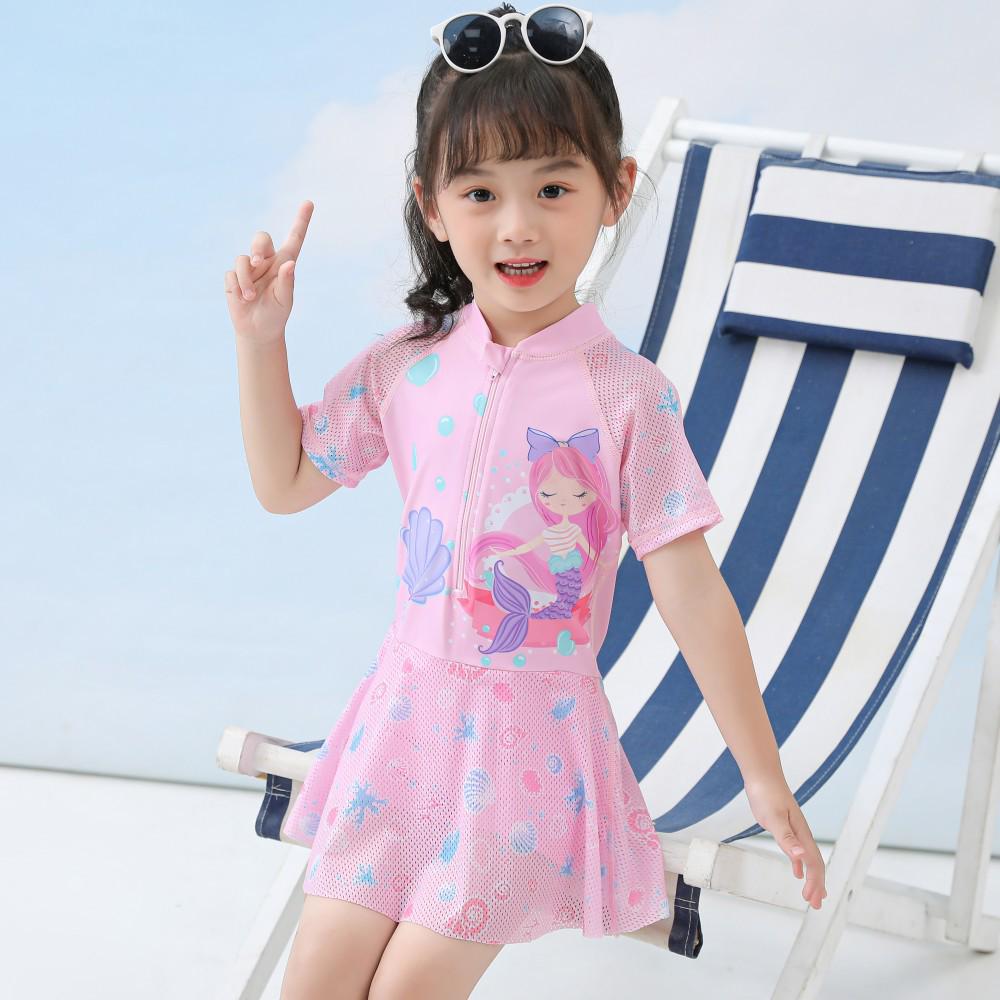 New Sporty Mesh Princess Skirted One-Piece Swimsuit for Girls