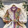 Summer Elegant Midi Patchwork Dress for Women Lapel 3/4 Sleeve Wave Point Breasted Female Design Vestidos New In 2024 Chic